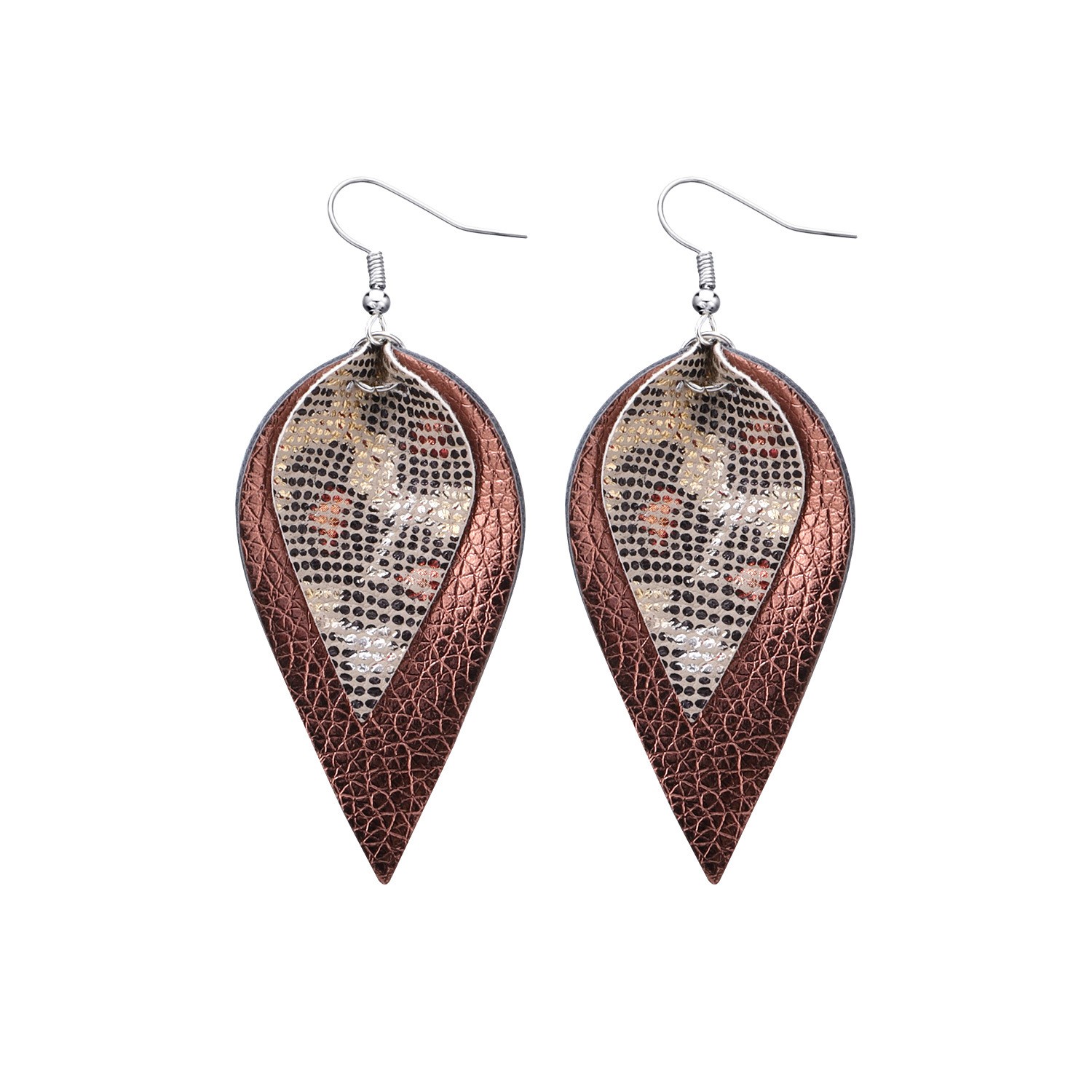 Unique Design heart Cut Out Rose Floral Print Leather Teardrop Earrings 