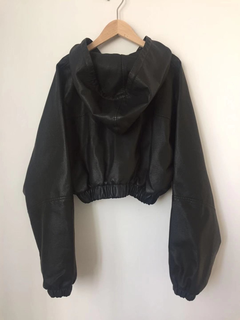 Women's PU jacket Long sleeve faux leather hooded bomber jacket girl's outerwear