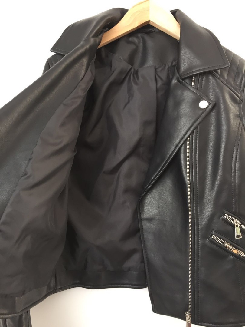 Women's PU jacket long sleeve faux leather crop biker jacket girl's outerwear