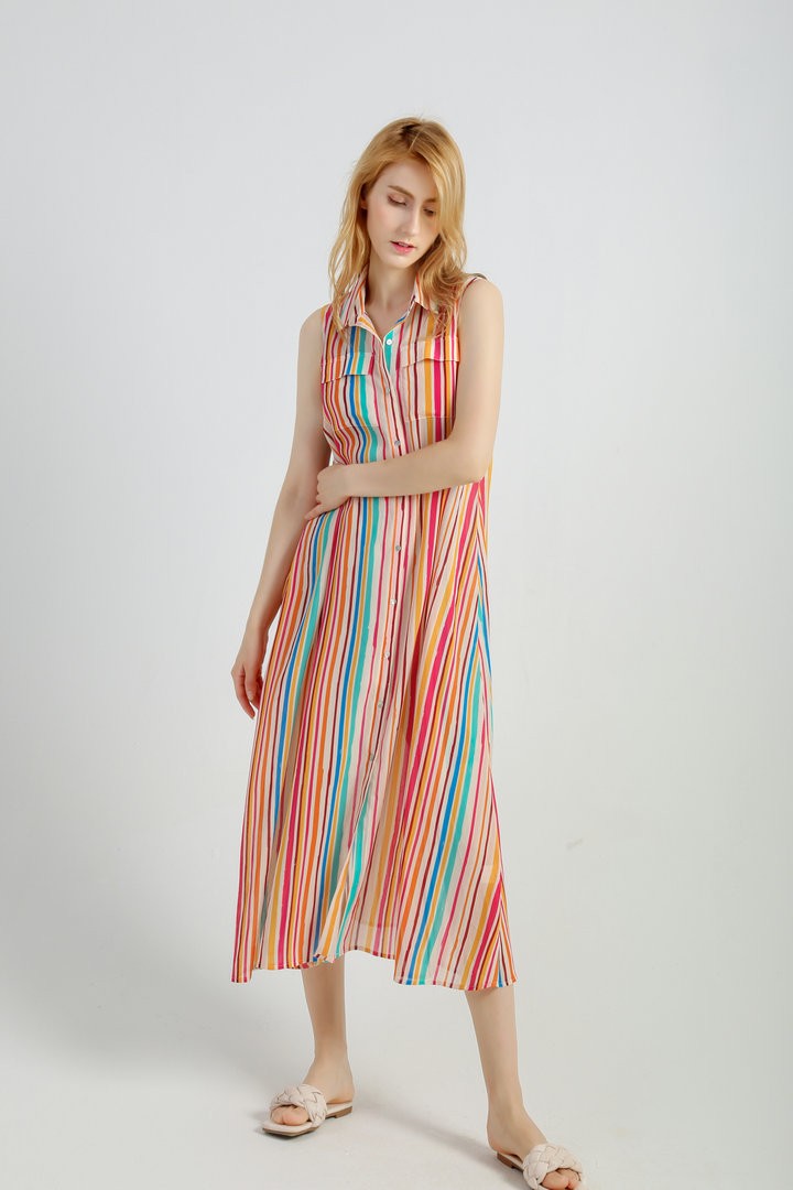 Women's Casual Chiffon Summer Dress Paux Neck Plaid Long Dress