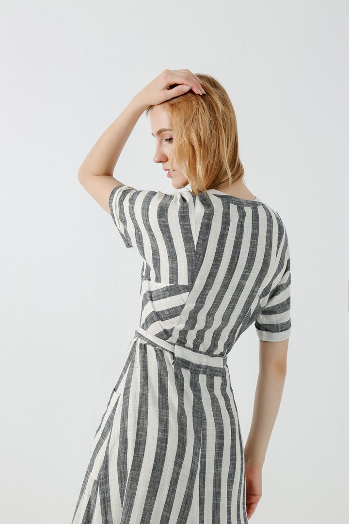 Women's Casual Summer Dress V Neck Long Stripe Dress