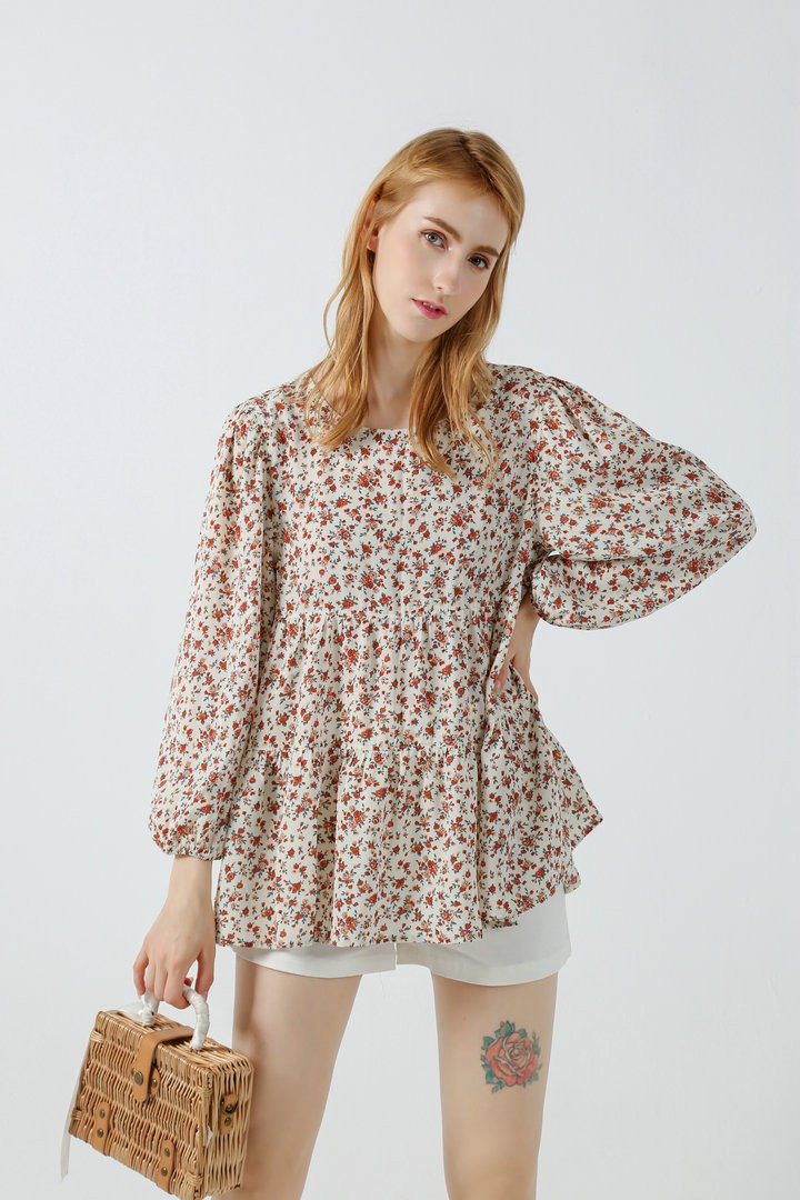 Women's top printed shirt long bishop sleeve girl pleated shirt 