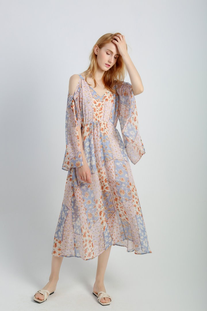 Women's Casual Chiffon Summer Dress V Neck Flowy long dress