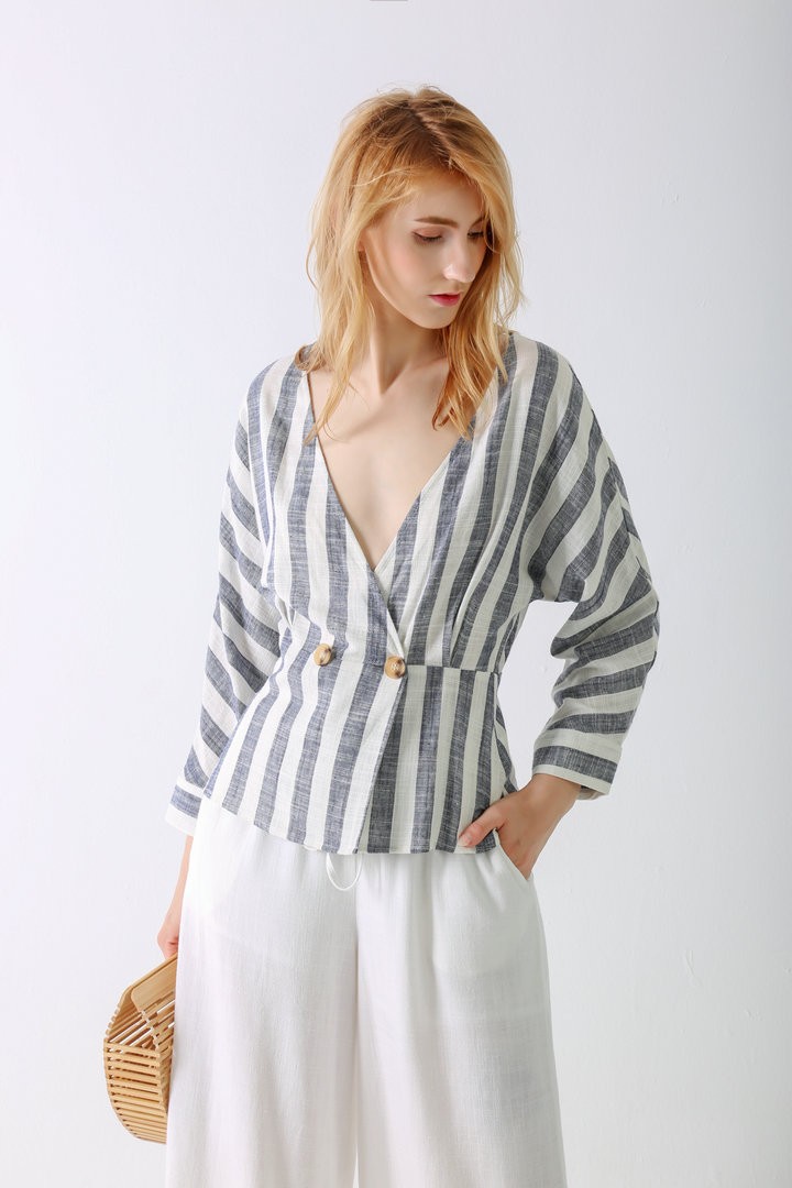 Women's suit lady's Spring Long sleeve shirt V Neck Linen suit